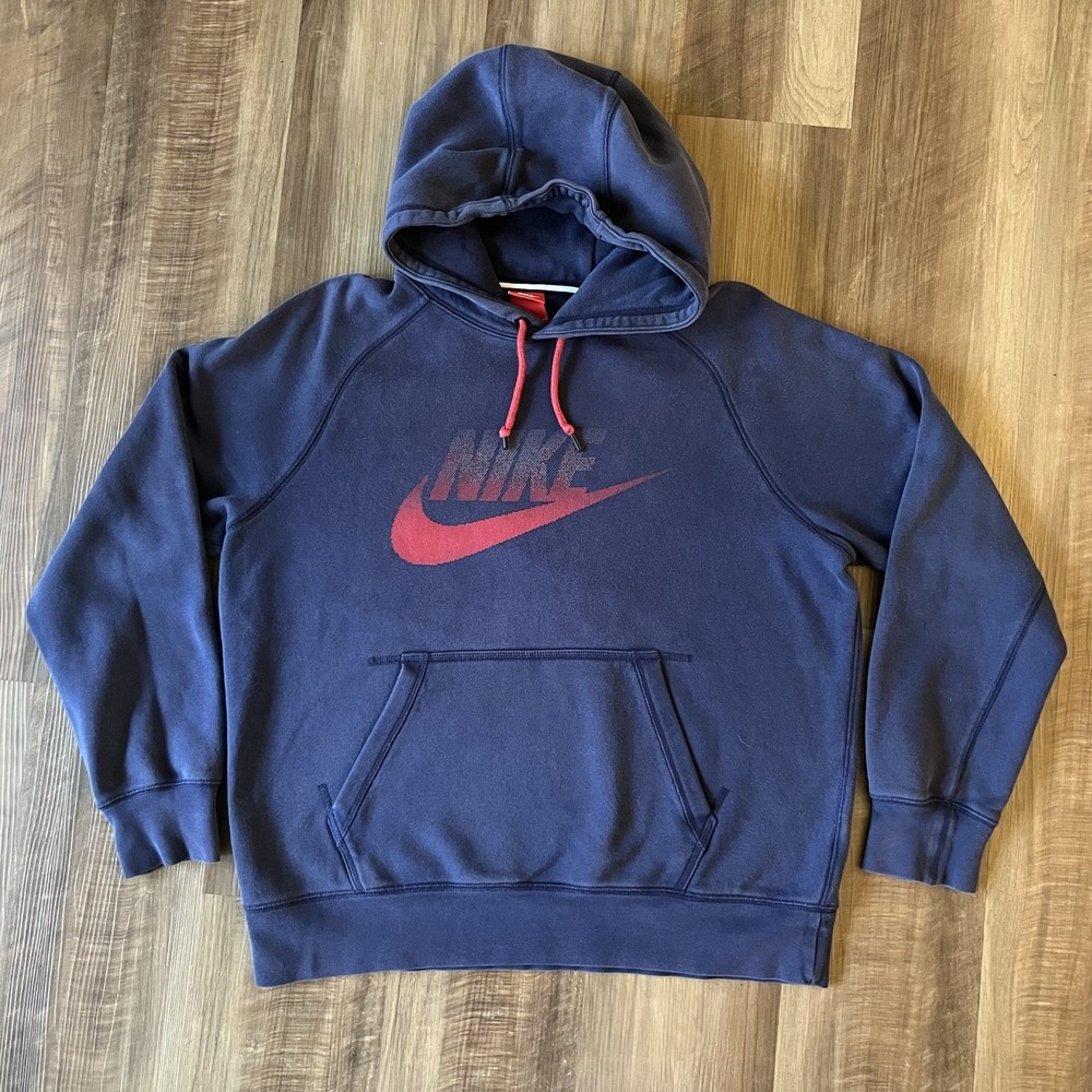 Nike Mens Navy Blue Red Logo Pullover Hoodie Raglan Fleece Sweatshirt Large